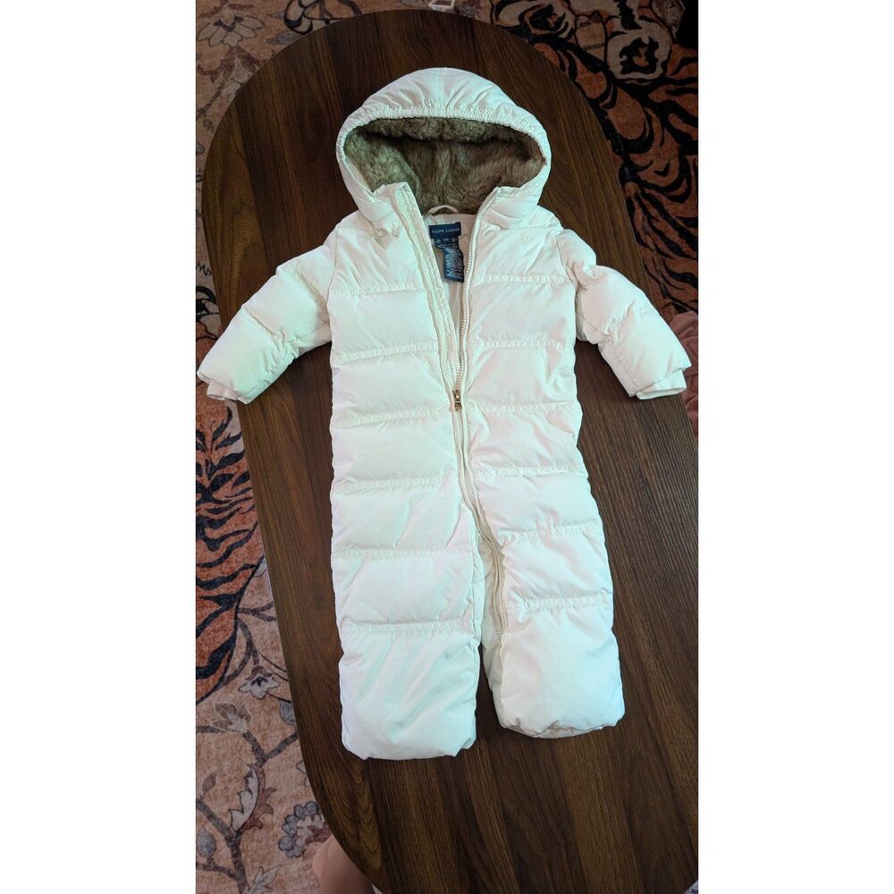 Ralph Lauren Baby 12M Down Snowsuit Bunting Ivory Faux Fur Hood Winter